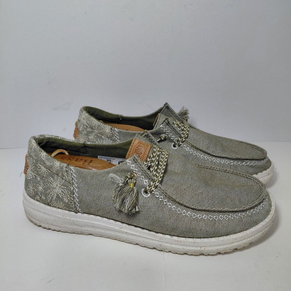 Hey Dude Wendy Funk Embroidered Floral Womens Shoes Sz 8 Green No Insoles